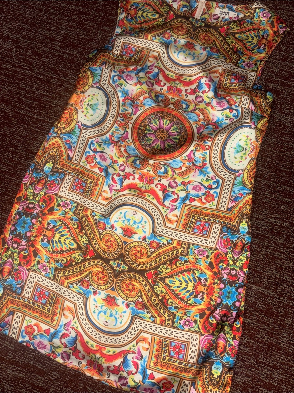 Molly Bracken dress Mediterranean print‎ colorful satin lined sleeveless dress M